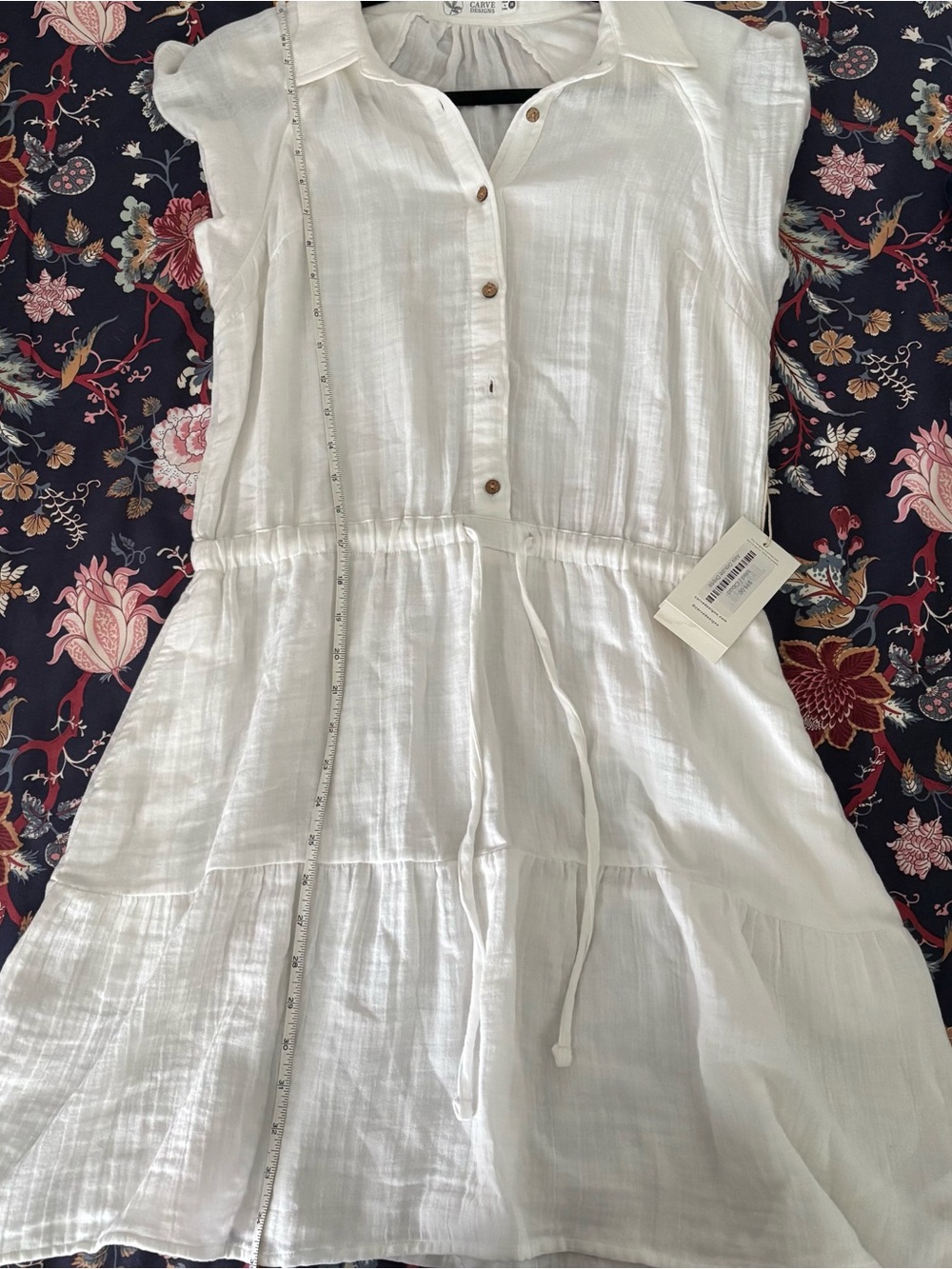 NWT Carve designs white 100% cotton dress Button-Front Tiered Drawstring Dress